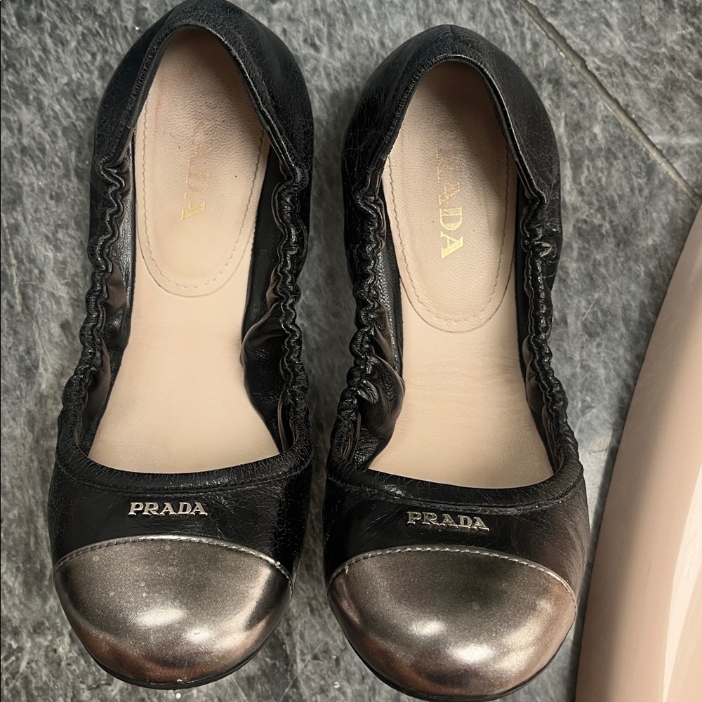 Prada Valet Flats-Black and Silver Cap Toe Flats -Size 37- Pre Owned. See pics.